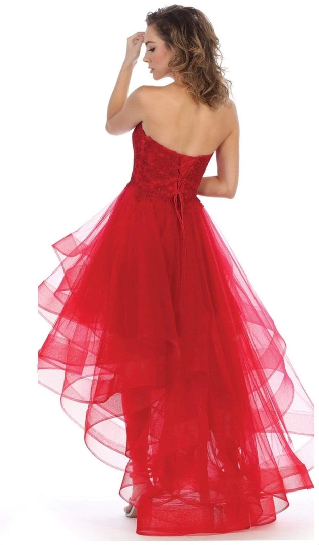 Formal Gowns May Queen - RQ7716 Strapless Lace Appliqued High Low Gown 8 Formal Gowns May Queen - RQ7716 Strapless Lace Appliqued High Low Gown