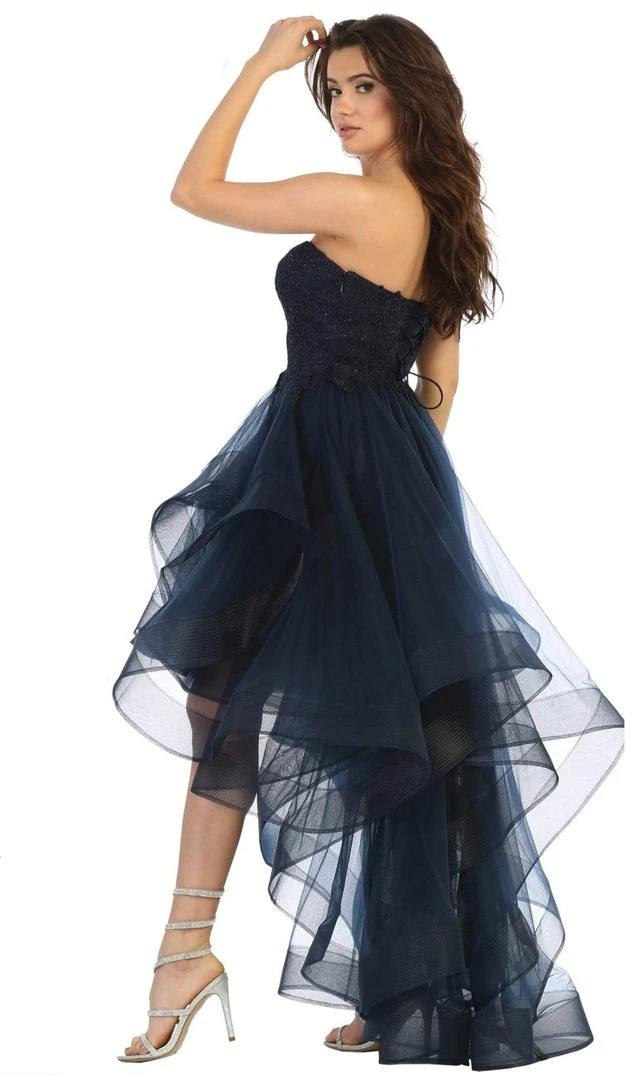 Formal Gowns May Queen - RQ7716 Strapless Lace Appliqued High Low Gown 10 Formal Gowns May Queen - RQ7716 Strapless Lace Appliqued High Low Gown