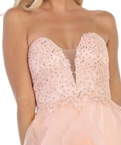 Formal Gowns May Queen - RQ7716 Strapless Lace Appliqued High Low Gown 12 Formal Gowns May Queen - RQ7716 Strapless Lace Appliqued High Low Gown