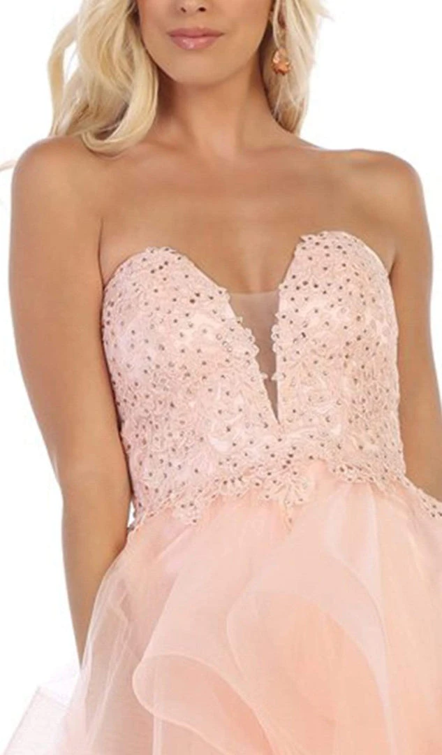 Formal Gowns May Queen - RQ7716 Strapless Lace Appliqued High Low Gown 5 Formal Gowns May Queen - RQ7716 Strapless Lace Appliqued High Low Gown