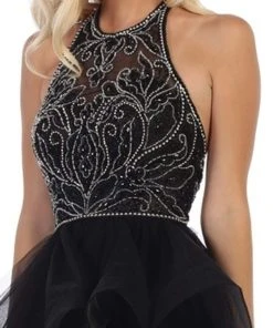 May Queen - RQ7717 Jeweled Illusion Halter High Low Gown