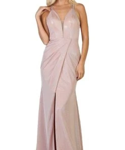 May Queen - RQ7727 Deep V-neck Trumpet Dress With Train Formal Gowns