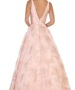 May Queen - RQ7730 Plunging V-Neck Floral Ballgown Formal Gowns