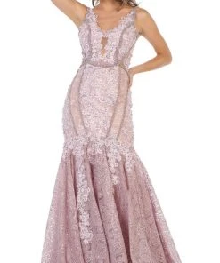 May Queen - RQ7735 Floral Lace Deep V-neck Mermaid Dress Formal Gowns