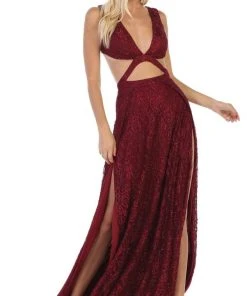 Formal Gowns May Queen - RQ7736 Glitter Lace Double High Slit Gown