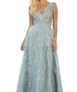 May Queen - RQ7741 Applique Scalloped V-neck A-line Dress Formal Gowns