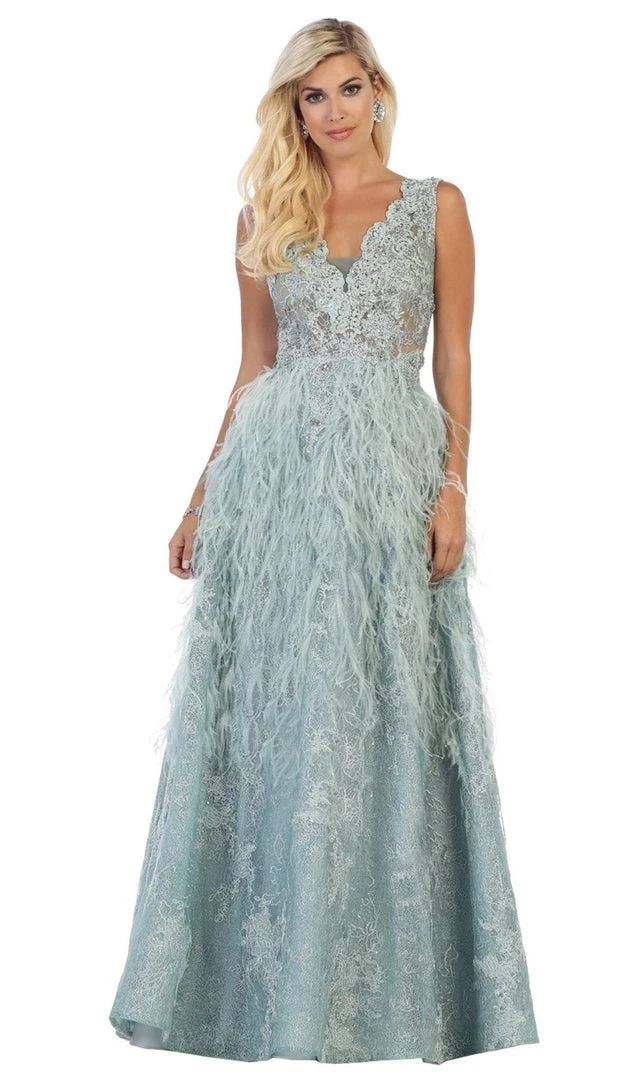 May Queen - RQ7741 Applique Scalloped V-neck A-line Dress Formal Gowns 3 May Queen - RQ7741 Applique Scalloped V-neck A-line Dress Formal Gowns