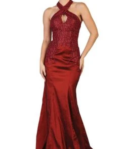 May Queen - RQ7743 Appliqued Halter Mermaid Gown