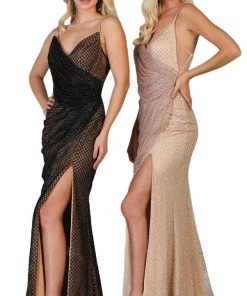 May Queen - RQ7762 Plunging V-neck Side Gathered Dress Formal Gowns