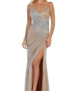 May Queen - RQ7762 Plunging V-neck Side Gathered Dress Formal Gowns