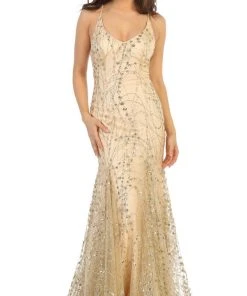 May Queen - RQ7763 Embellished Plunging V-neck Trumpet Dress Formal Gowns