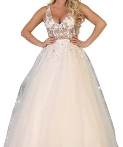 May Queen - RQ7765 Bead Embellished Illusion A-Line Gown Plus Size Dresses