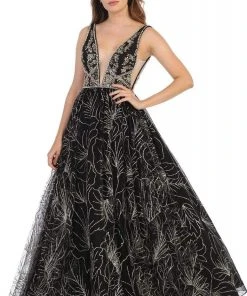 May Queen - RQ7780 Bedazzled Deep V-neck Ballgown Formal Gowns