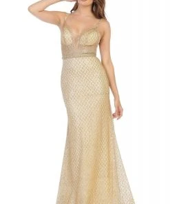 May Queen - RQ7782 Bedazzled Deep V-neck Trumpet Dress
