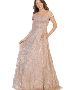 Formal Gowns May Queen - RQ7807 Off-Shoulder Embellished A-line Dress