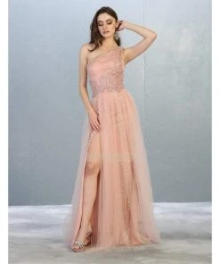 Formal Gowns May Queen - RQ7809 Beaded Asymmetrical Dress With Slit