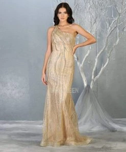 May Queen - RQ7813 Glitter One Shoulder Strap Sheath Dress Formal Gowns