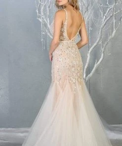 May Queen - RQ7831 Embellished Deep V-neck Trumpet Dress Formal Gowns