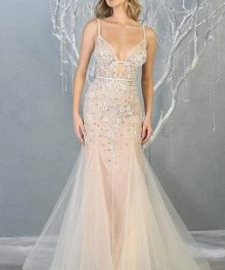 May Queen - RQ7831 Embellished Deep V-neck Trumpet Dress Formal Gowns