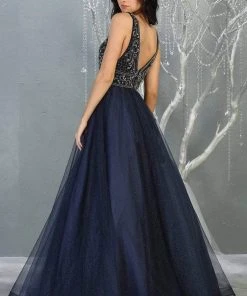 May Queen - RQ7860 Embellished Plunging V-neck A-line Gown