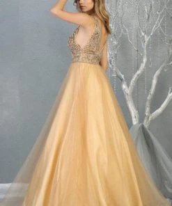 May Queen - RQ7860 Embellished Plunging V-neck A-line Gown