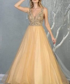 May Queen - RQ7860 Embellished Plunging V-neck A-line Gown