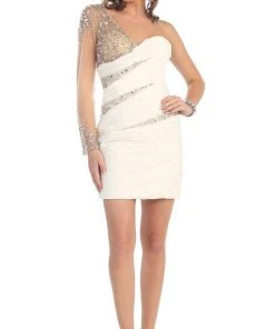 Cocktail Dresses May Queen - Ruched One Shoulder Sleeve Cocktail Dress