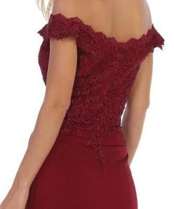 Formal Gowns May Queen - Scalloped Off-Shoulder Trumpet Dress MQ1675 - 1 Pc Burgundy In Sizes 6 Available
