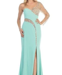 May Queen - Sequined One Shoulder Sleeve Evening Gown Formal Gowns