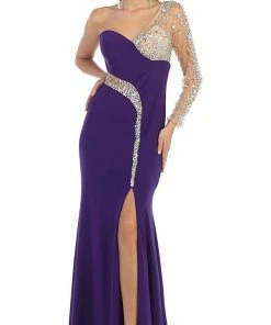 May Queen - Sequined One Shoulder Sleeve Evening Gown Formal Gowns