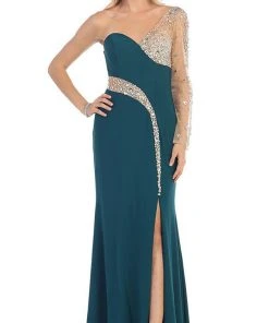 May Queen - Sequined One Shoulder Sleeve Evening Gown Formal Gowns
