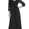 Formal Gowns May Queen - Sheer Long Sleeve Floral Accented A-Line Evening Dress