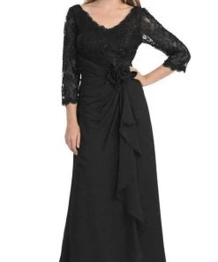 Formal Gowns May Queen - Sheer Long Sleeve Floral Accented A-Line Evening Dress