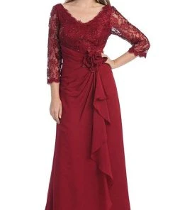 Formal Gowns May Queen - Sheer Long Sleeve Floral Accented A-Line Evening Dress