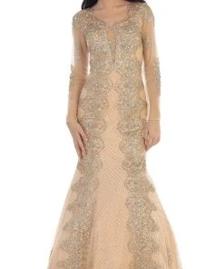 May Queen - Sheer Long Sleeve Rhinestone Embellished Evening Dress Formal Gowns