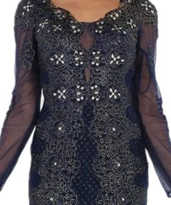 May Queen - Sheer Long Sleeve Rhinestone Embellished Evening Dress Formal Gowns