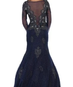 May Queen - Sheer Long Sleeve Rhinestone Embellished Evening Dress Formal Gowns