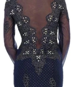 May Queen - Sheer Long Sleeve Rhinestone Embellished Evening Dress Formal Gowns