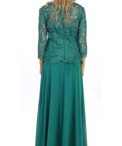 May Queen - Sheer Quarter Sleeve Long Lace Evening Gown