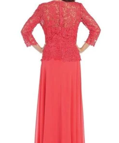 May Queen - Sheer Quarter Sleeve Long Lace Evening Gown