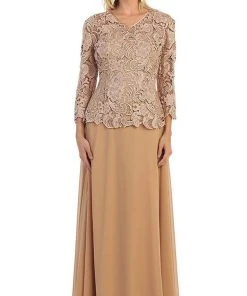 May Queen - Sheer Quarter Sleeve Long Lace Evening Gown