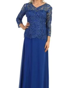 May Queen - Sheer Quarter Sleeve Long Lace Evening Gown