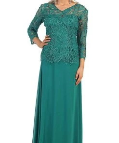 May Queen - Sheer Quarter Sleeve Long Lace Evening Gown