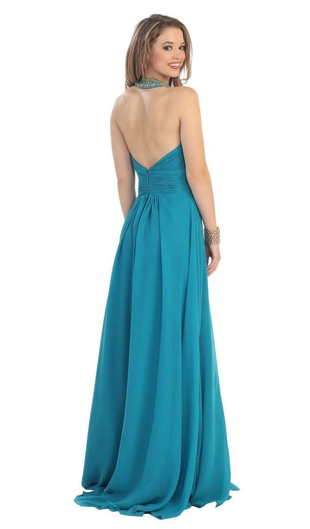 May Queen - Shirred Cutout Halter A-Line Long Evening Dress Formal Gowns 10 May Queen - Shirred Cutout Halter A-Line Long Evening Dress Formal Gowns