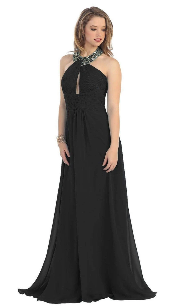 May Queen - Shirred Cutout Halter A-Line Long Evening Dress Formal Gowns 18 May Queen - Shirred Cutout Halter A-Line Long Evening Dress Formal Gowns