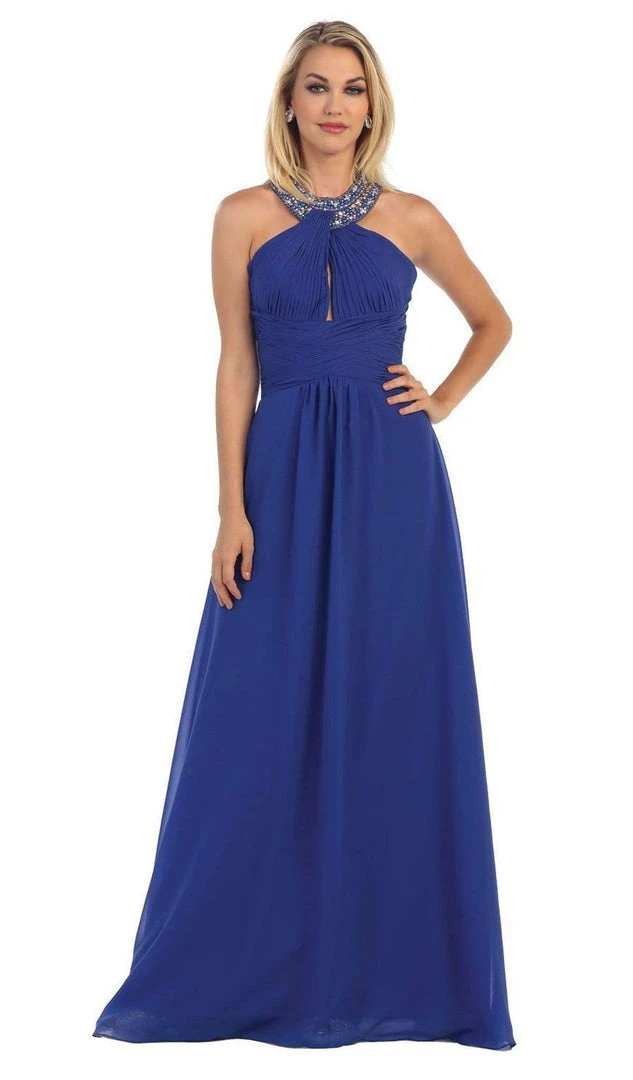 May Queen - Shirred Cutout Halter A-Line Long Evening Dress Formal Gowns 12 May Queen - Shirred Cutout Halter A-Line Long Evening Dress Formal Gowns