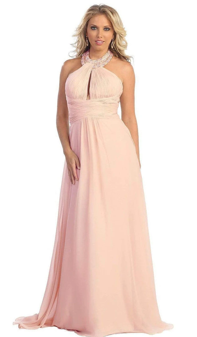 May Queen - Shirred Cutout Halter A-Line Long Evening Dress Formal Gowns 7 May Queen - Shirred Cutout Halter A-Line Long Evening Dress Formal Gowns