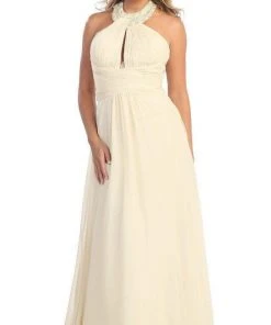 May Queen - Shirred Cutout Halter A-Line Long Evening Dress Formal Gowns 34 May Queen - Shirred Cutout Halter A-Line Long Evening Dress Formal Gowns