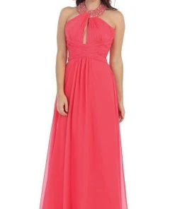 May Queen - Shirred Cutout Halter A-Line Long Evening Dress Formal Gowns