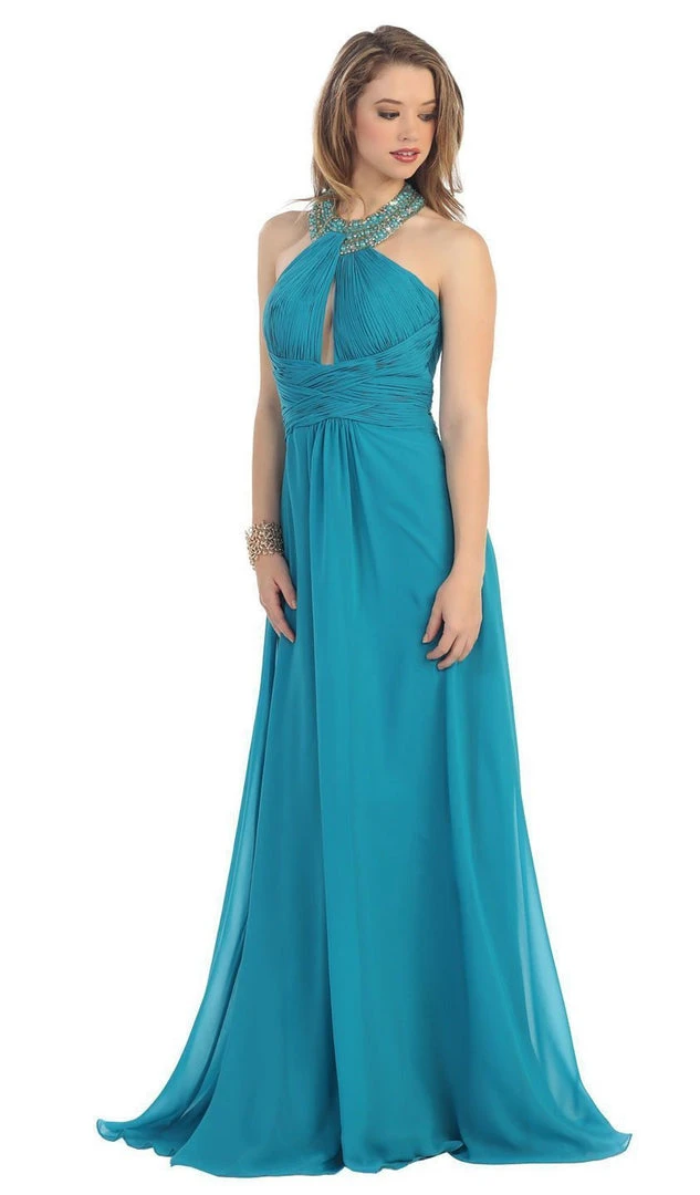 May Queen - Shirred Cutout Halter A-Line Long Evening Dress Formal Gowns 8 May Queen - Shirred Cutout Halter A-Line Long Evening Dress Formal Gowns